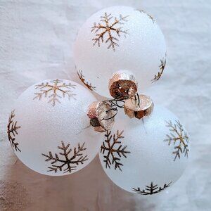 Lot of 3 VTG Rauch Frosted Glass Snowflake Ball Ornaments Gold Glitter Christmas